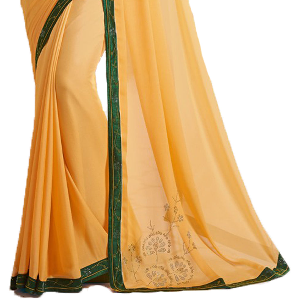 Vsaree Yellow Silk Stone Work And Contrast Rich Pallu With Banglory Blouse Piece For Women