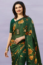 Vsaree Green Bright Moss Printed Work And Contras Border Saree With Banglory Blouse Piece For Women