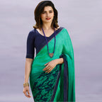 Vsaree Sea Green Bright Moss Printed Work And Contras Border Saree With Banglory Blouse Piece For Women
