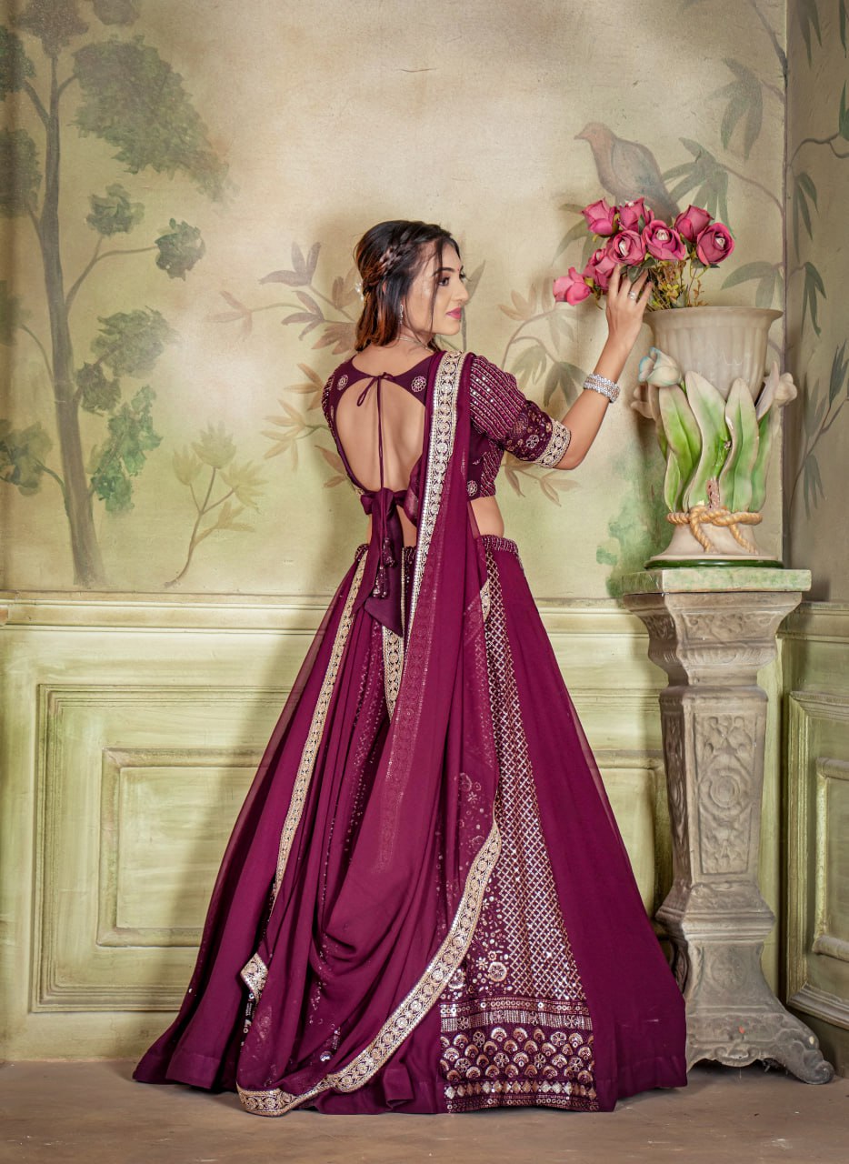WOMEN'S WINE GEORGETTE WITH SEQUINS AND EMBROIDERY WORK DESIGNER LEHENGA CHOLI