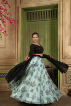 WOMEN'S SKY ORGANZA EMBROIDERED WITH SEQUANCE WORK FLOWER DESIGN LEHENGA CHOLI