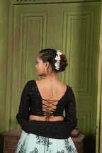 WOMEN'S SKY ORGANZA EMBROIDERED WITH SEQUANCE WORK FLOWER DESIGN LEHENGA CHOLI