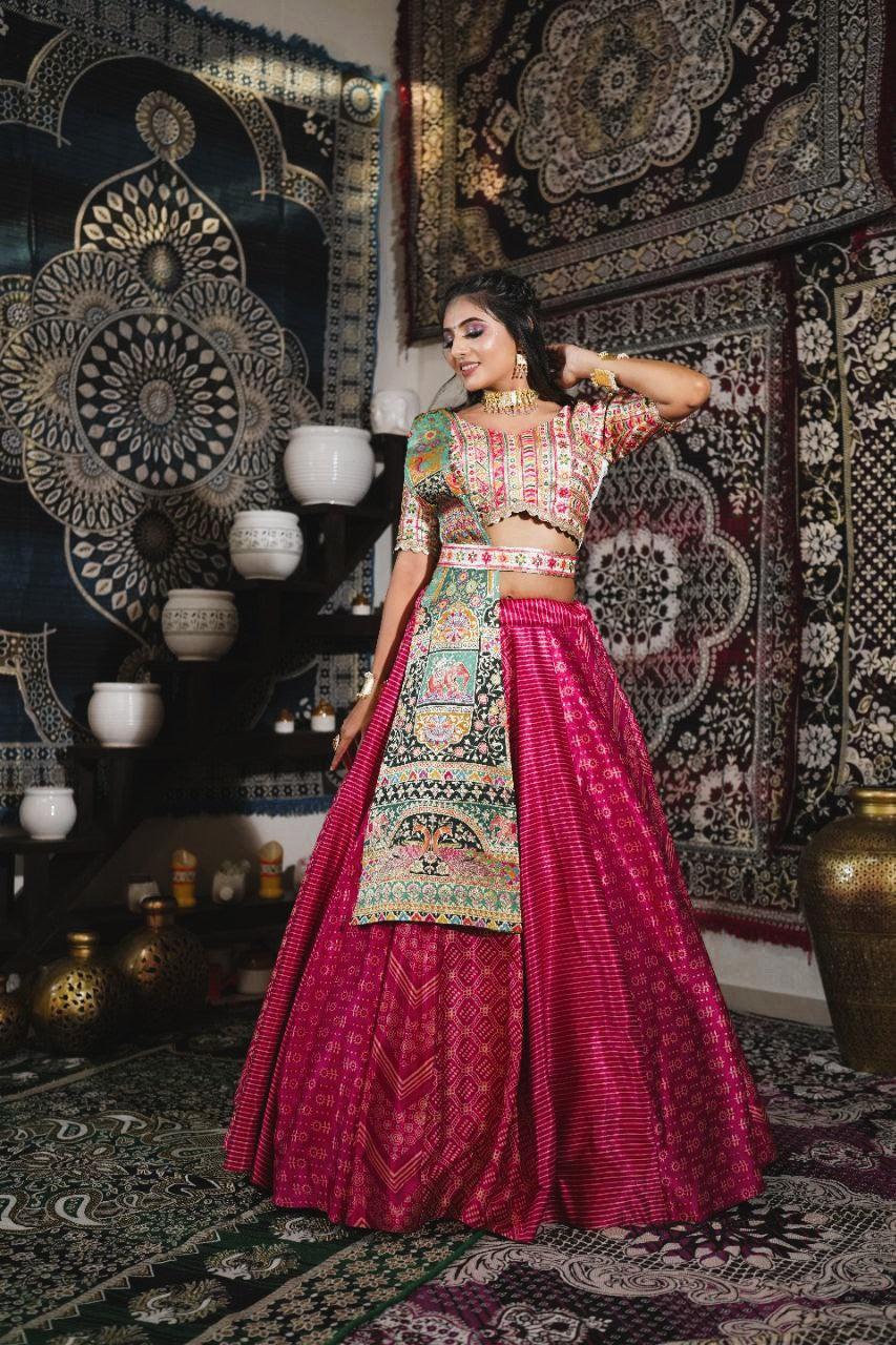 WOMEN'S PINK MALAI SATIN DIGITAL PRINT WITH EMBROIDERED WORK GLAMOUROUS LEHENGA CHOLI