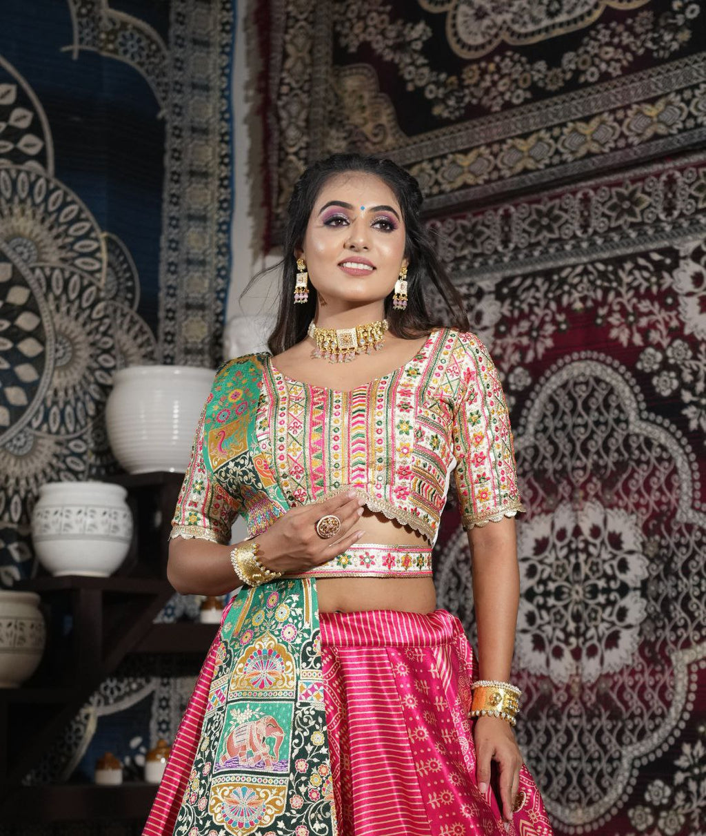 WOMEN'S PINK MALAI SATIN DIGITAL PRINT WITH EMBROIDERED WORK GLAMOUROUS LEHENGA CHOLI