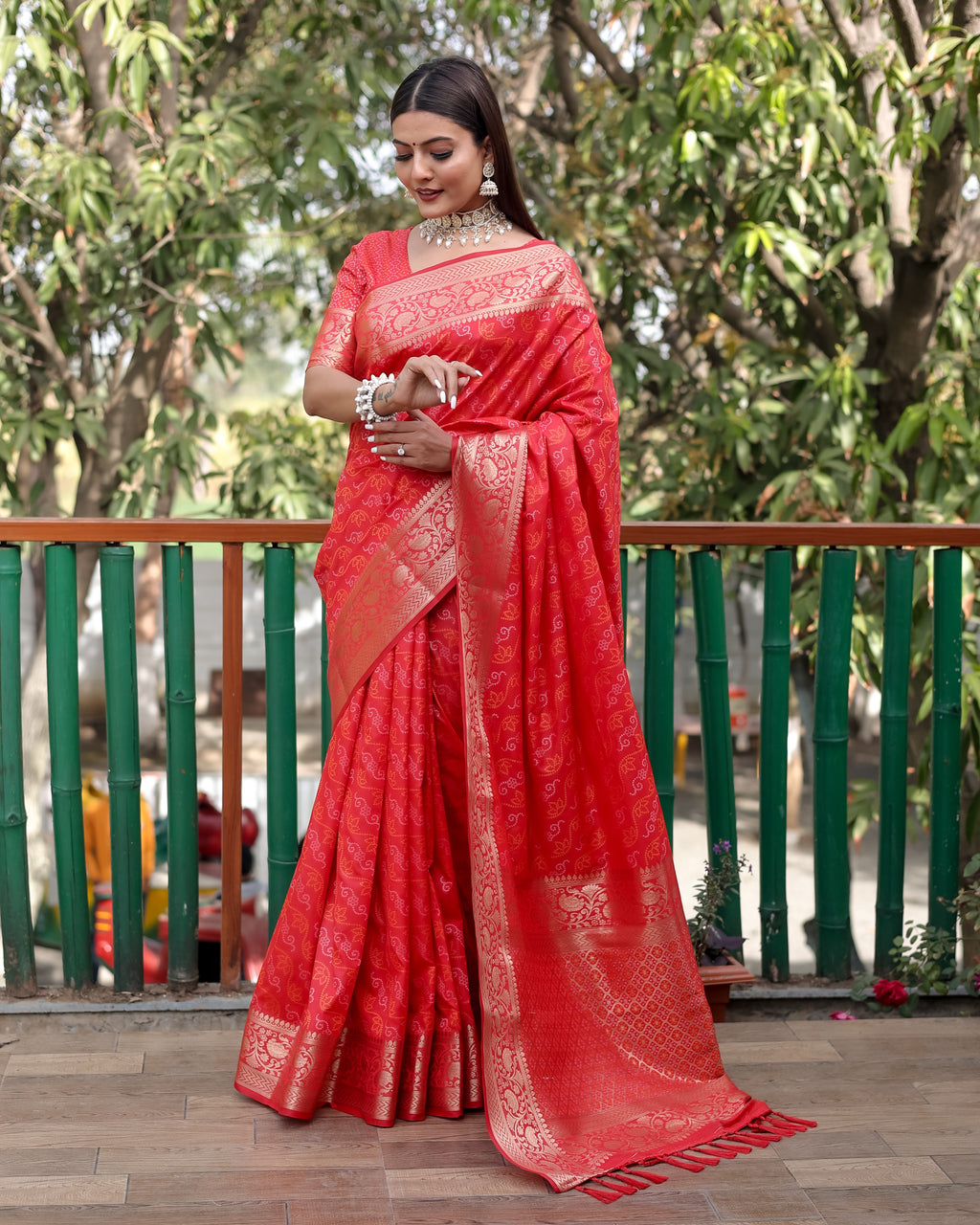 Vsaree Multi Color Bandhej Patola Silk Saree Kanchi Borders And Contrast Zari Weaving Borders VSaree For Woman