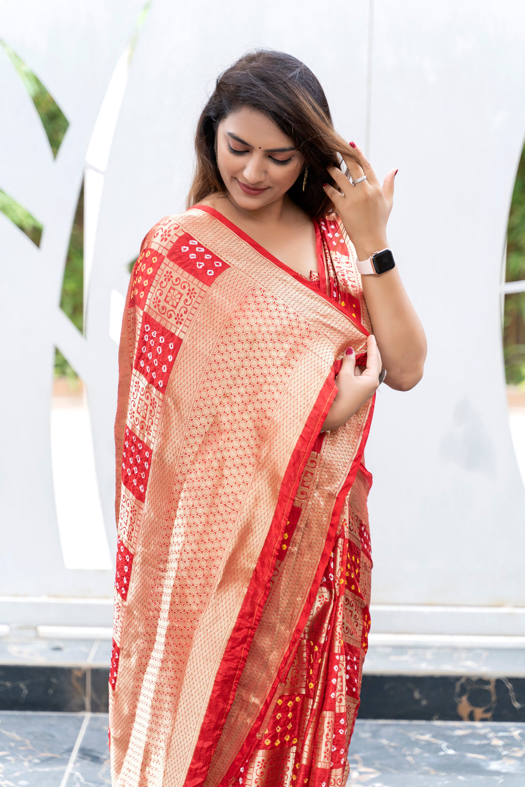 Indian Bandhej Silk Saree Wedding Party Clothing Trending Vsaree For Woman