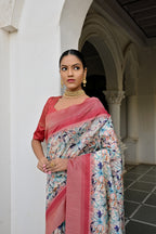 Vsaree Blue Tussar Silk Designer Saree With zari woven Bomkai Temple Border and contrast zari pallu And Blouse