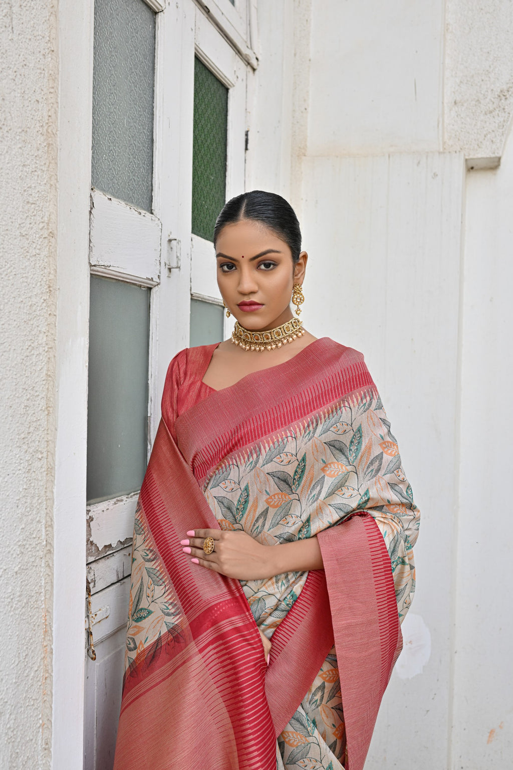 Vsaree Pista Tussar Silk Designer Saree With zari woven Bomkai Temple Border and contrast zari pallu And Blouse