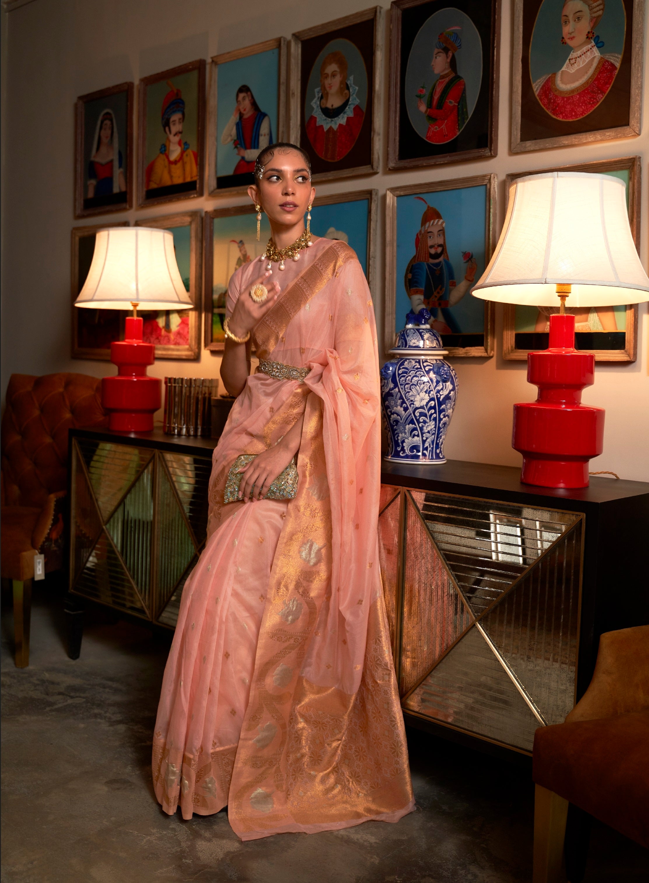 Designer Copper Zari Weaving Overall Butti Design Banarasi  Cotton Silk Saree With Heavy Blouse