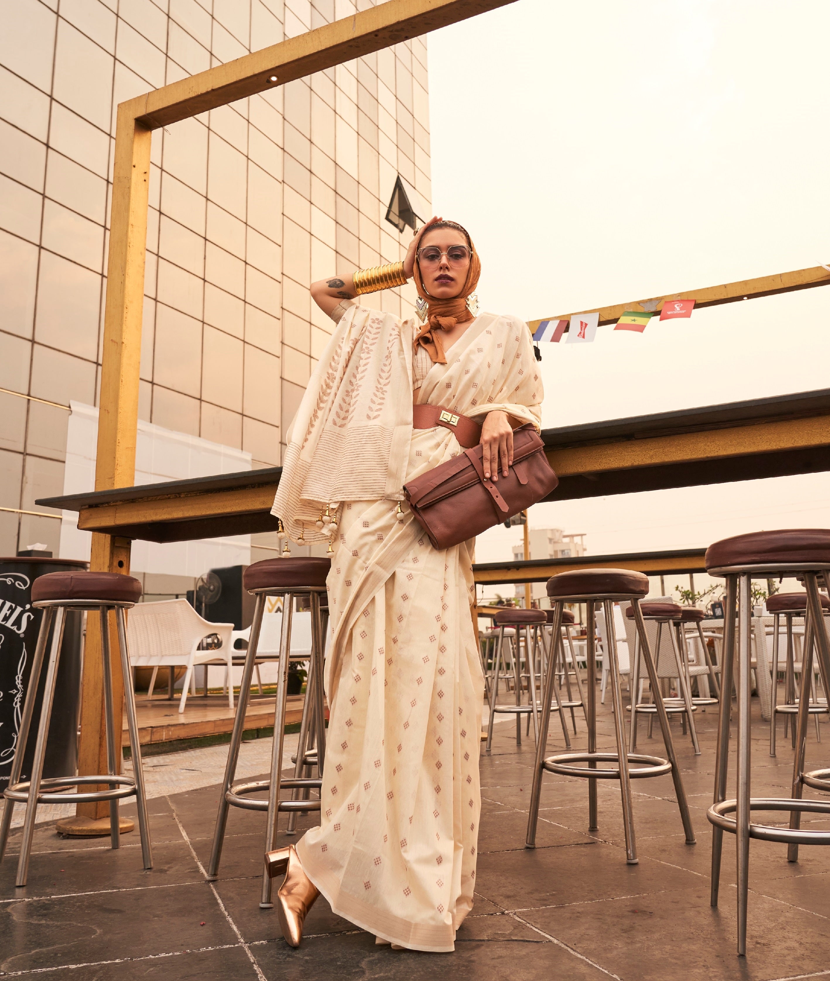 Designer Copper Zari Weaving Overall Butti Design Banarasi  Cotton Silk Saree With Heavy Blouse