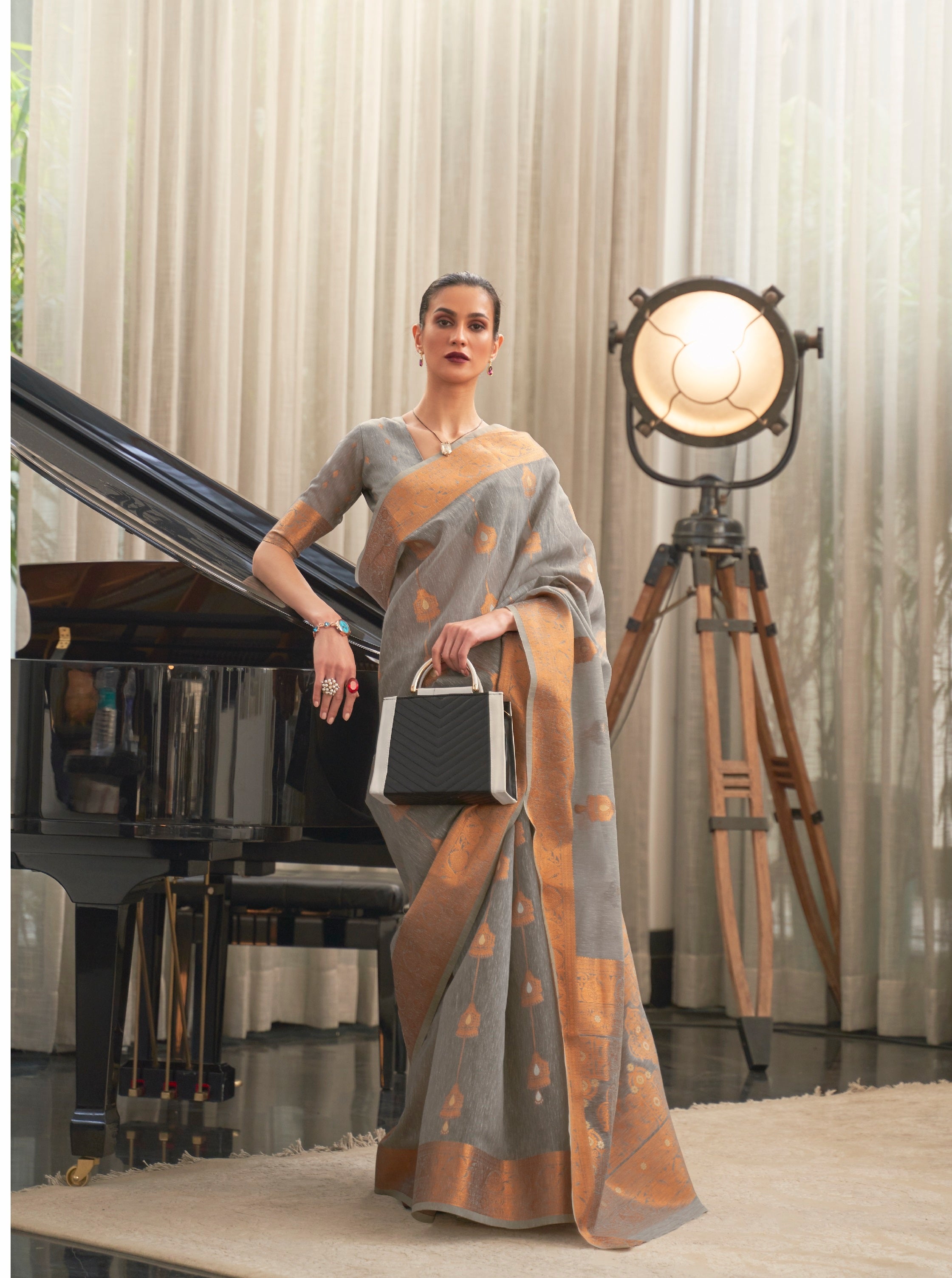 Designer Zari Weaving Yellow Color Banarasi linen Cotton Silk Saree With Heavy Blouse