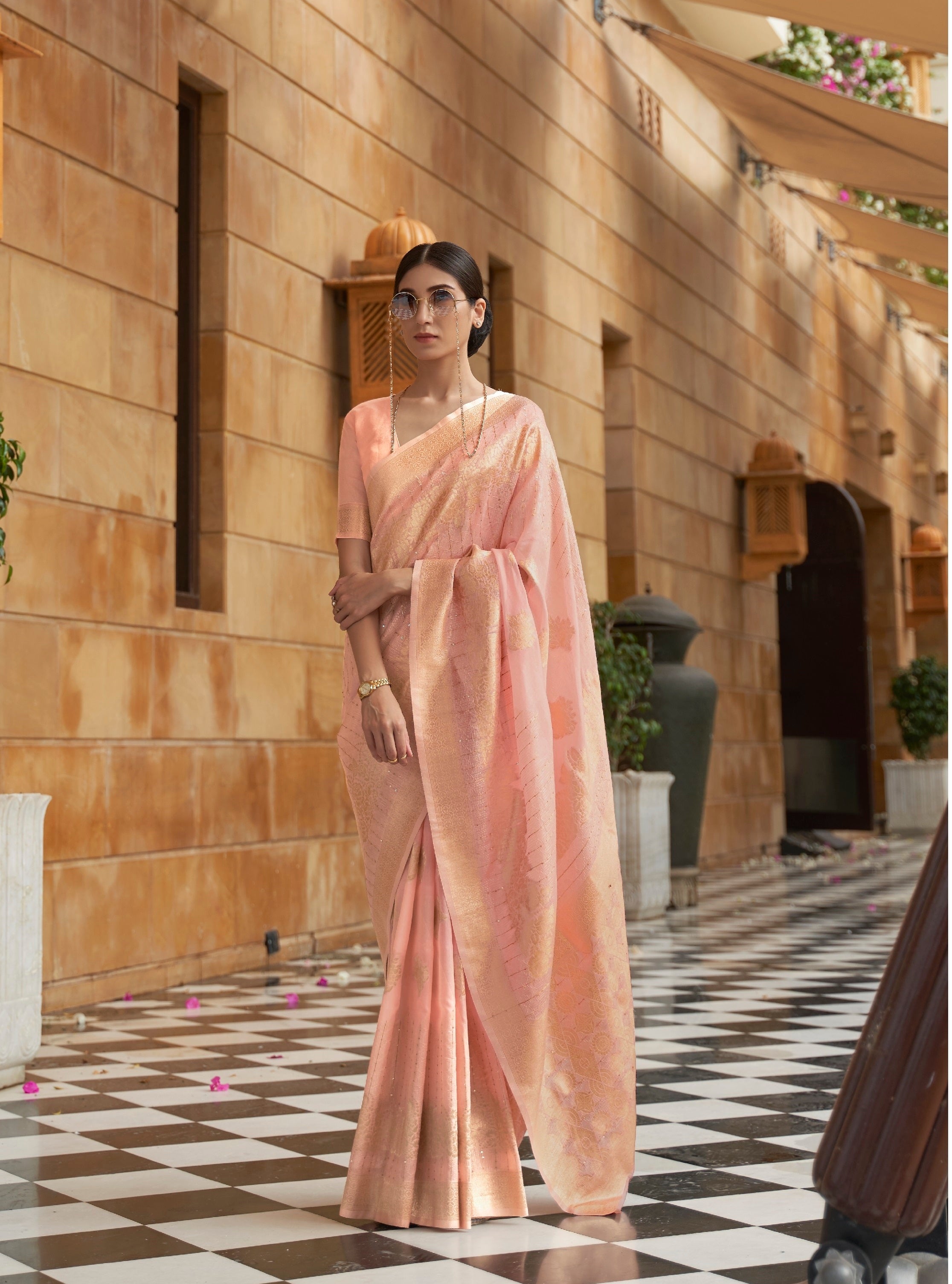 Seaquense Work  Traditional  Copper Zari Weaving Border Silk Saree With Designer Pallu And Zari Weaving Blouse