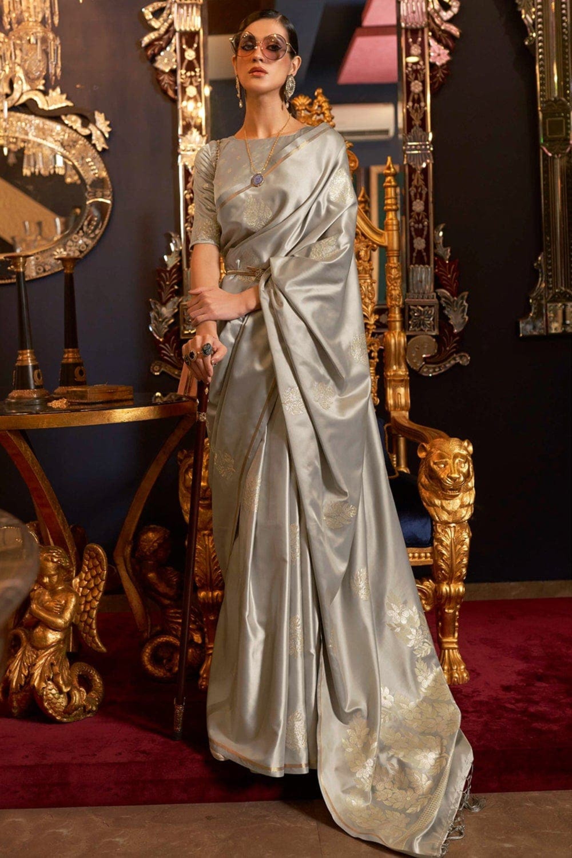 Designer Party Wear  Golden Zari Weaving Overall Flower Design Satin Silk Saree With Heavy Blouse