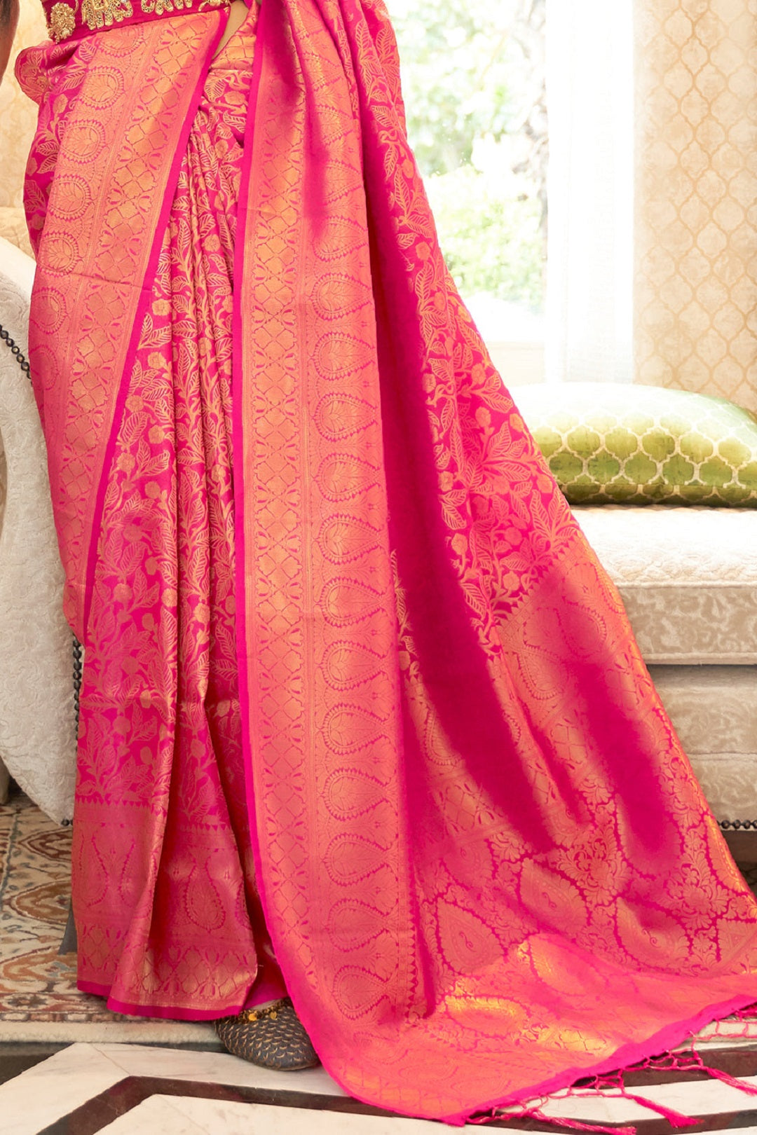 Designer Pink Color Golden  Zari Weaving Function Wear Banarasi Silk Saree With Heavy Blouse