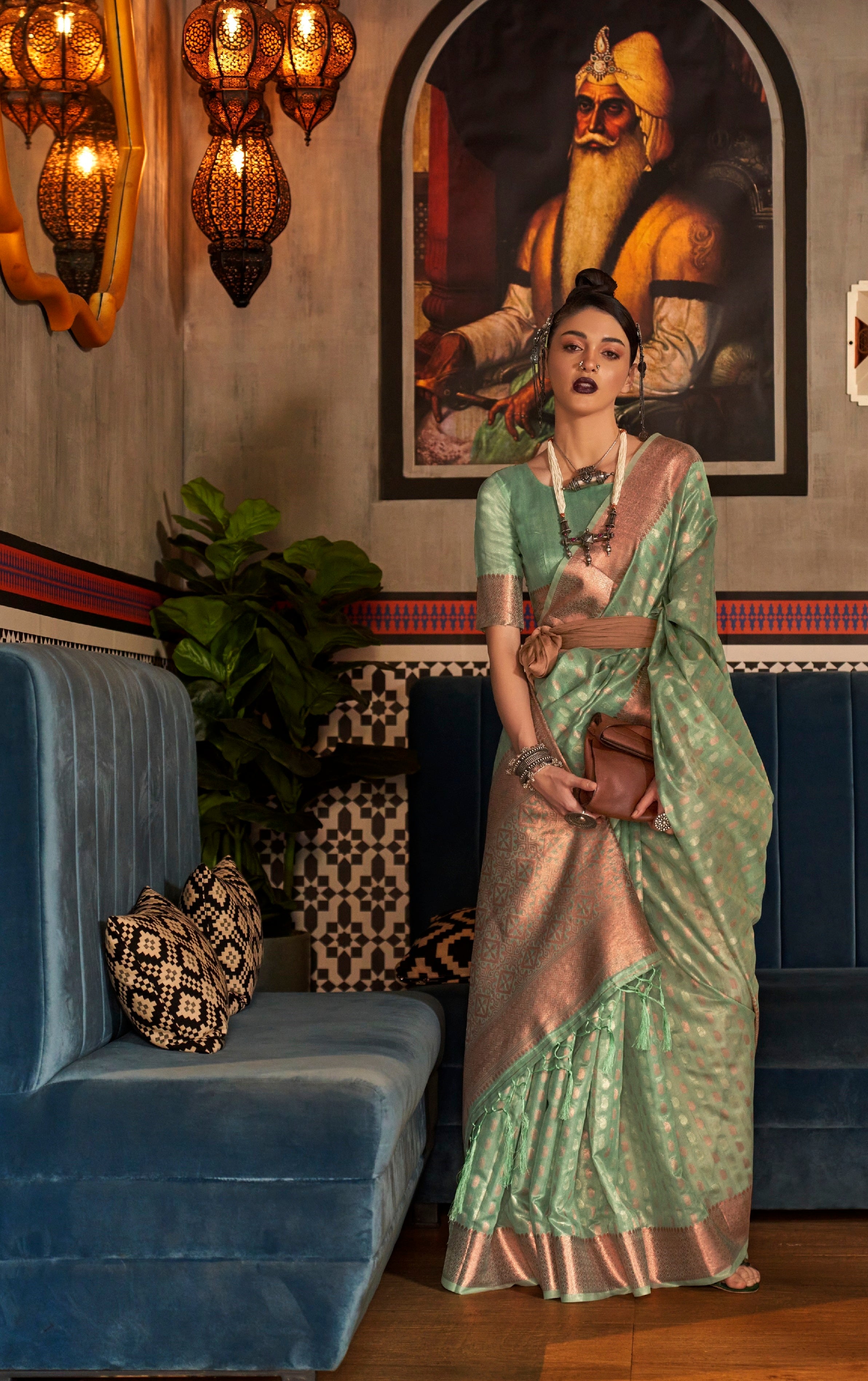 Designer Copper Zari Weaving Overall Butti Design Banarasi Cotton Silk Saree With Heavy Blouse