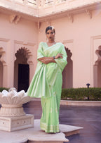 Designer Silver Zari Weaving Wedding Wear Banarasi linen Cotton Silk Saree With Heavy Blouse