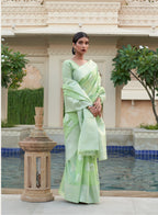 Designer Silver Zari Weaving Wedding Wear Banarasi linen Cotton Silk Saree With Heavy Blouse