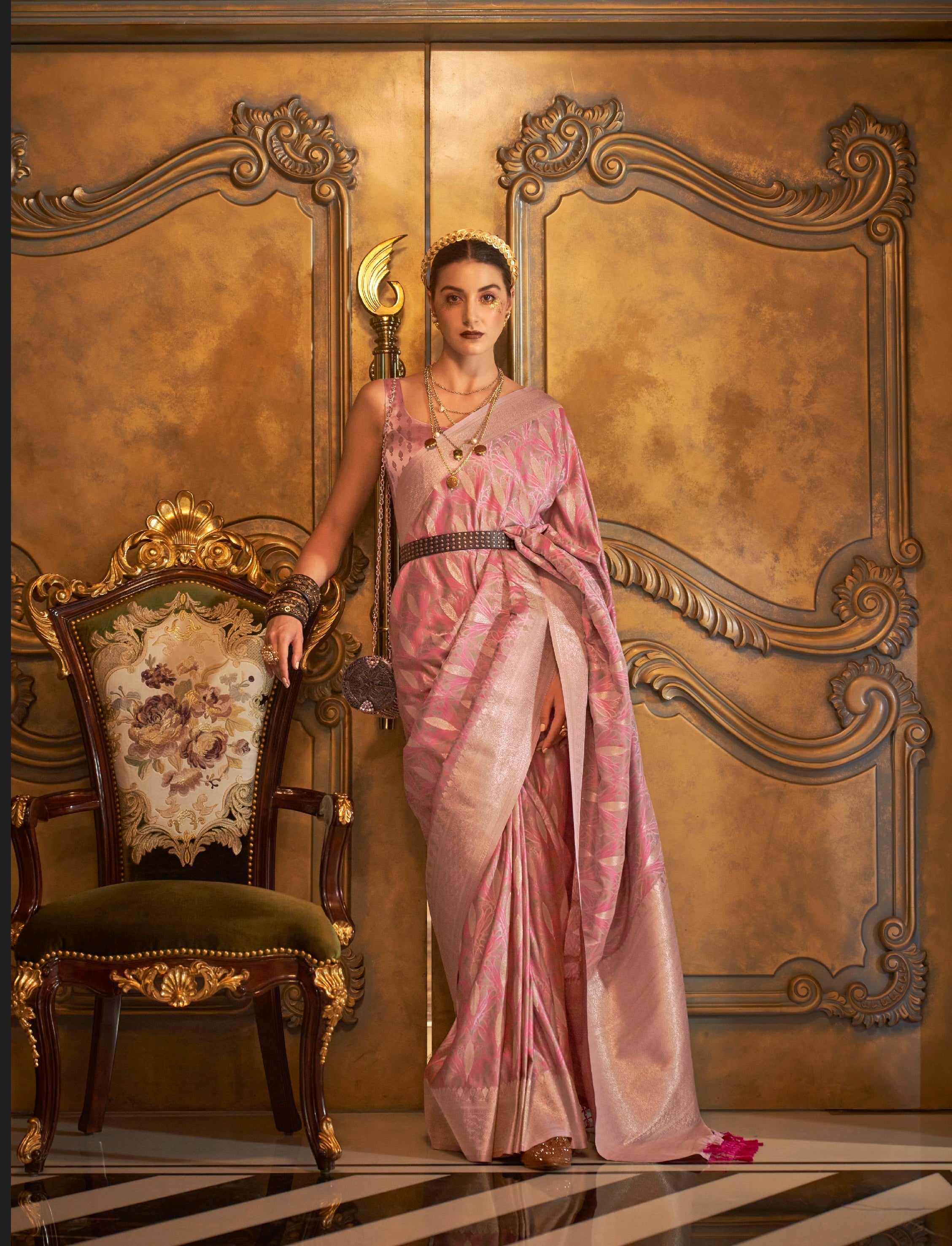 Designer Party Wear  Golden Zari Weaving Overall Butti Design Satin Silk Saree With Heavy Blouse