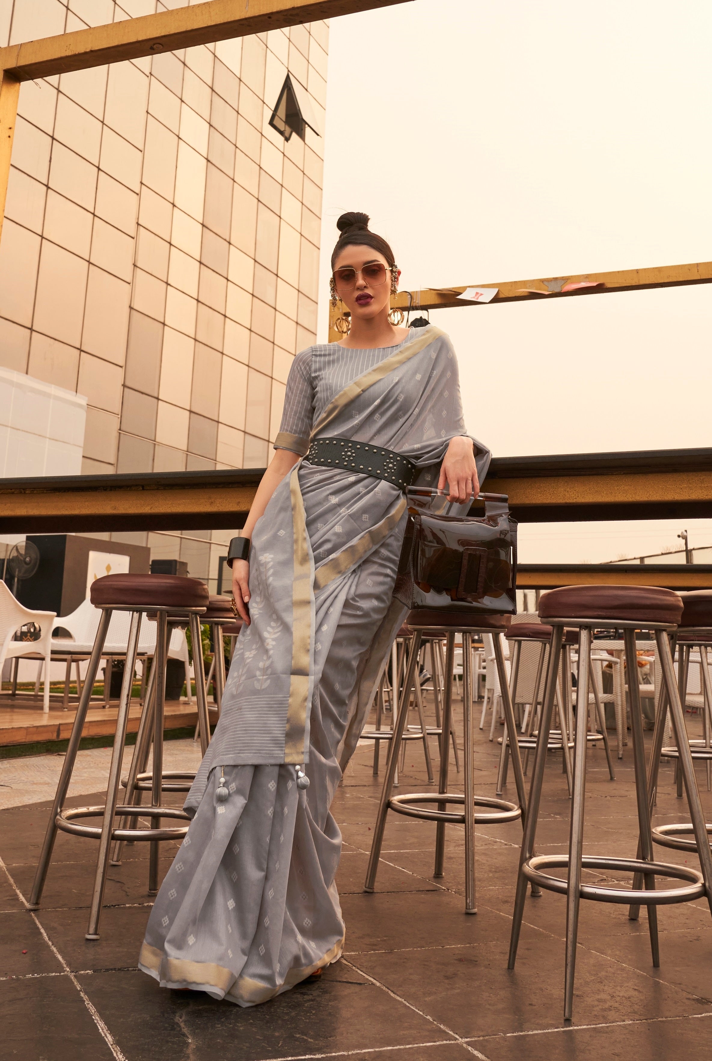 Designer Copper Zari Weaving Overall Butti Design Banarasi  Cotton Silk Saree With Heavy Blouse