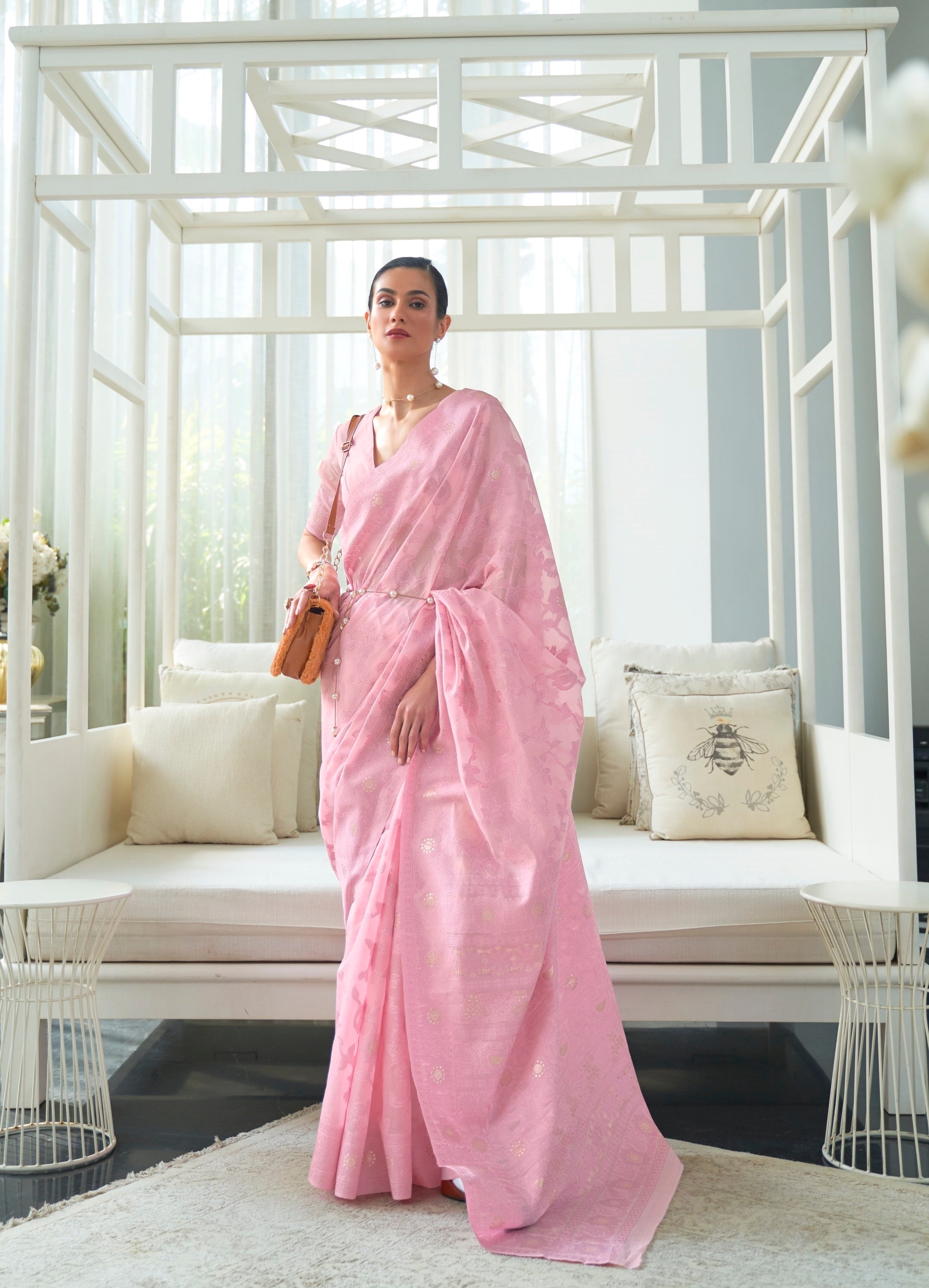 Designer Floral Chikankari Work Zari Weaving Lakhnowi  Cotton Silk Saree With Heavy Blouse