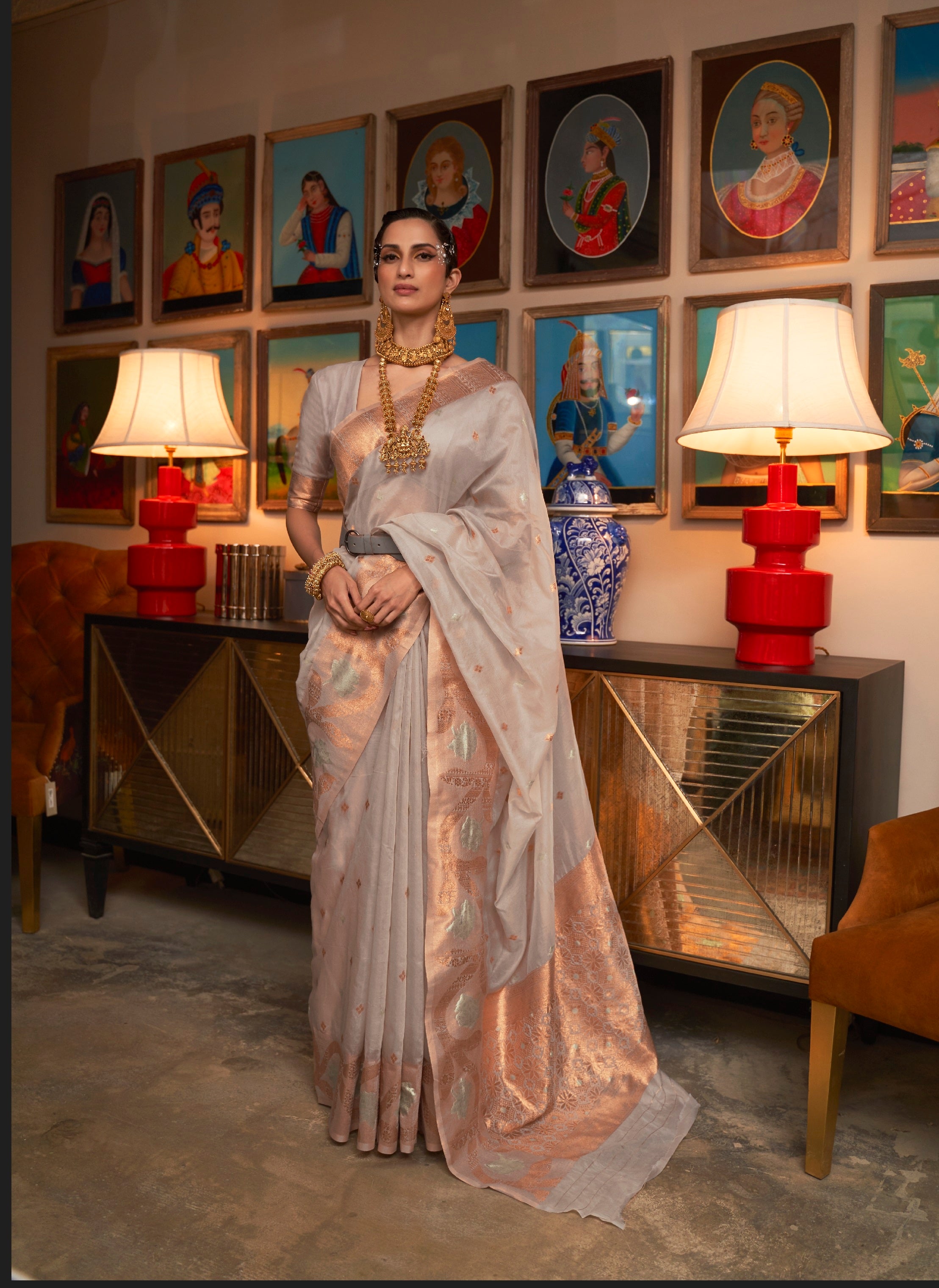 Designer Copper Zari Weaving Overall Butti Design Banarasi  Cotton Silk Saree With Heavy Blouse