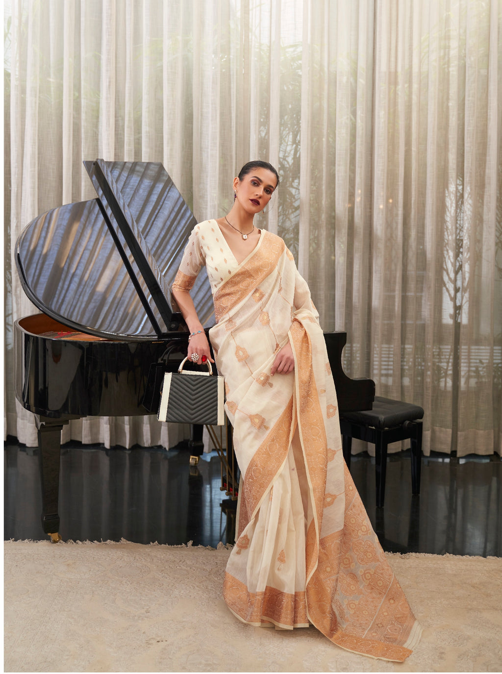 Designer Zari Weaving Yellow Color Banarasi linen Cotton Silk Saree With Heavy Blouse