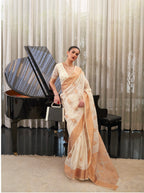 Designer Zari Weaving Yellow Color Banarasi linen Cotton Silk Saree With Heavy Blouse