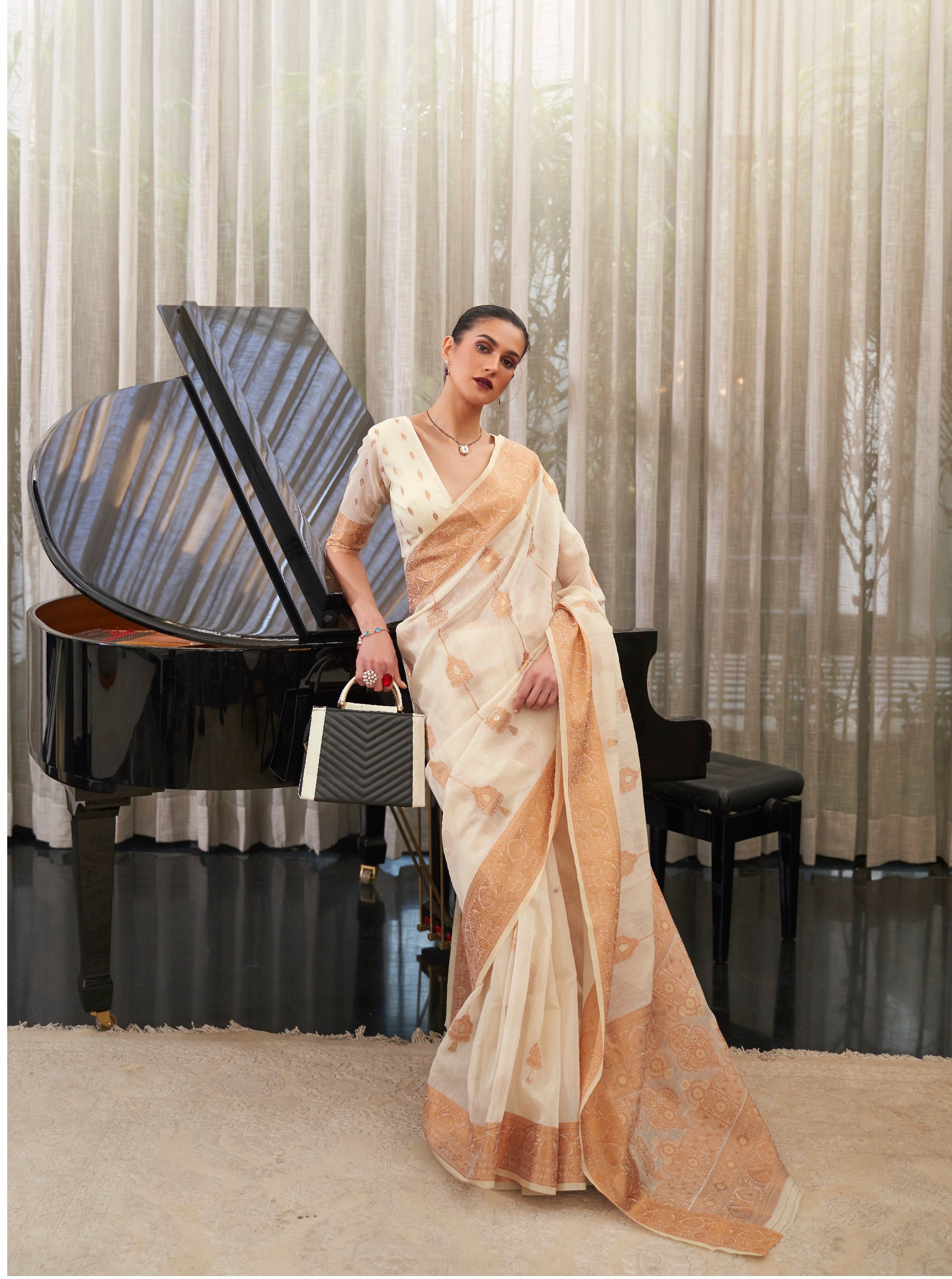 Designer Zari Weaving Yellow Color Banarasi linen Cotton Silk Saree With Heavy Blouse