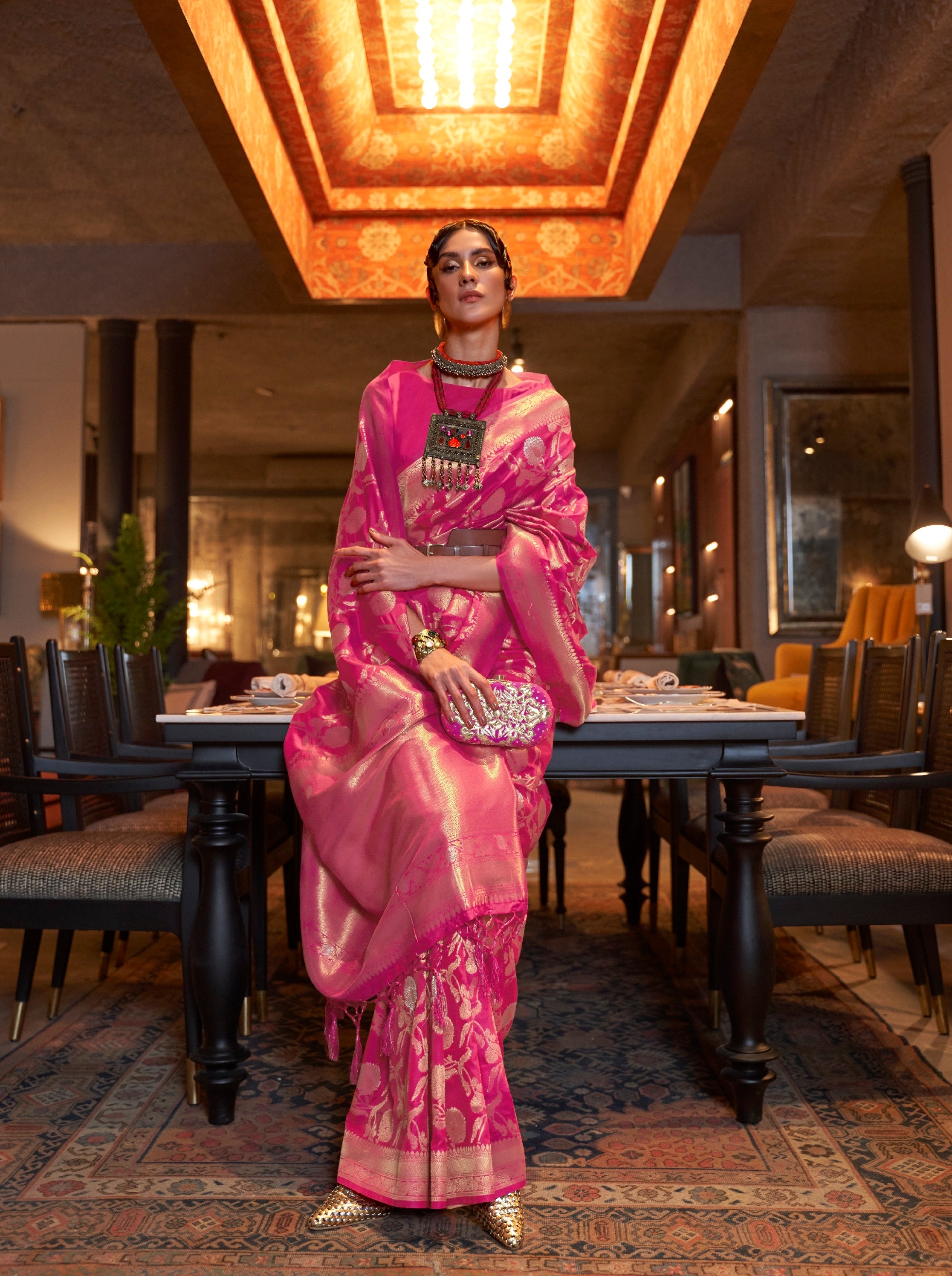 Designer Zari Weaving Floral Design Wedding Wear Banarasi  Silk Saree With Heavy Blouse
