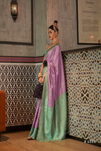 Vsaree Women's Designer Party Wear Golden Zari Weaving Checks Design Lavender Color Kaiza Silk Saree With Matching Blouse And Rich Pallu Saree