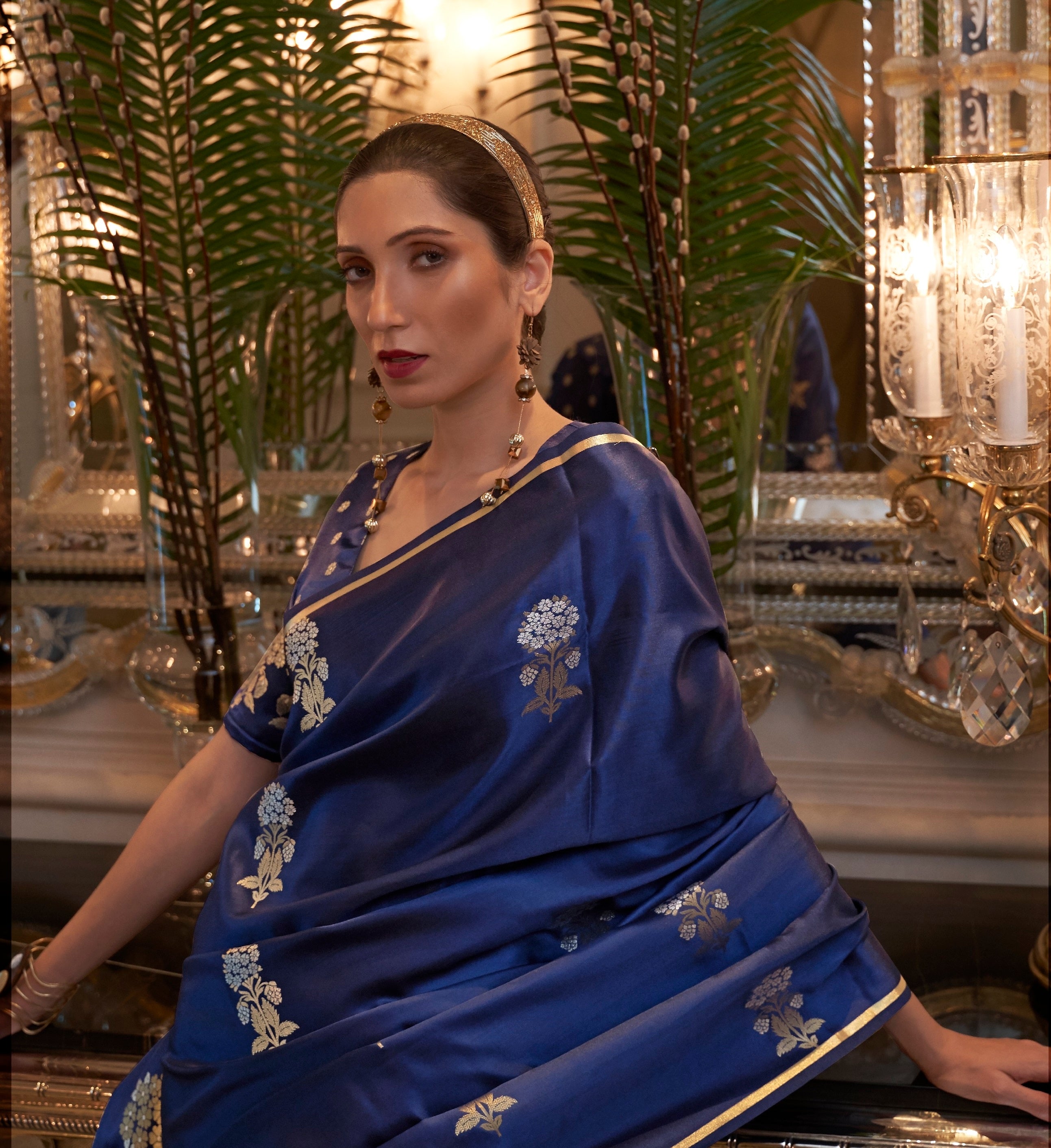 Designer Party Wear  Golden Zari Weaving Overall Butti Design Satin Silk Saree With Heavy Blouse