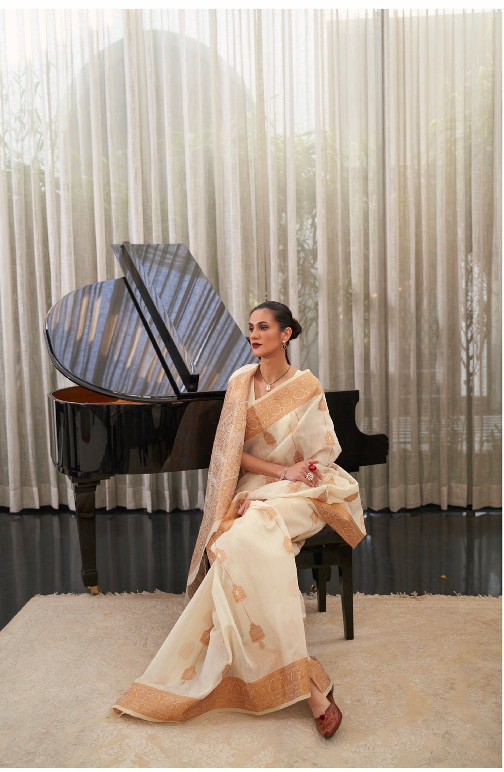 Designer Zari Weaving Yellow Color Banarasi linen Cotton Silk Saree With Heavy Blouse