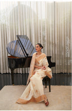 Designer Zari Weaving Yellow Color Banarasi linen Cotton Silk Saree With Heavy Blouse