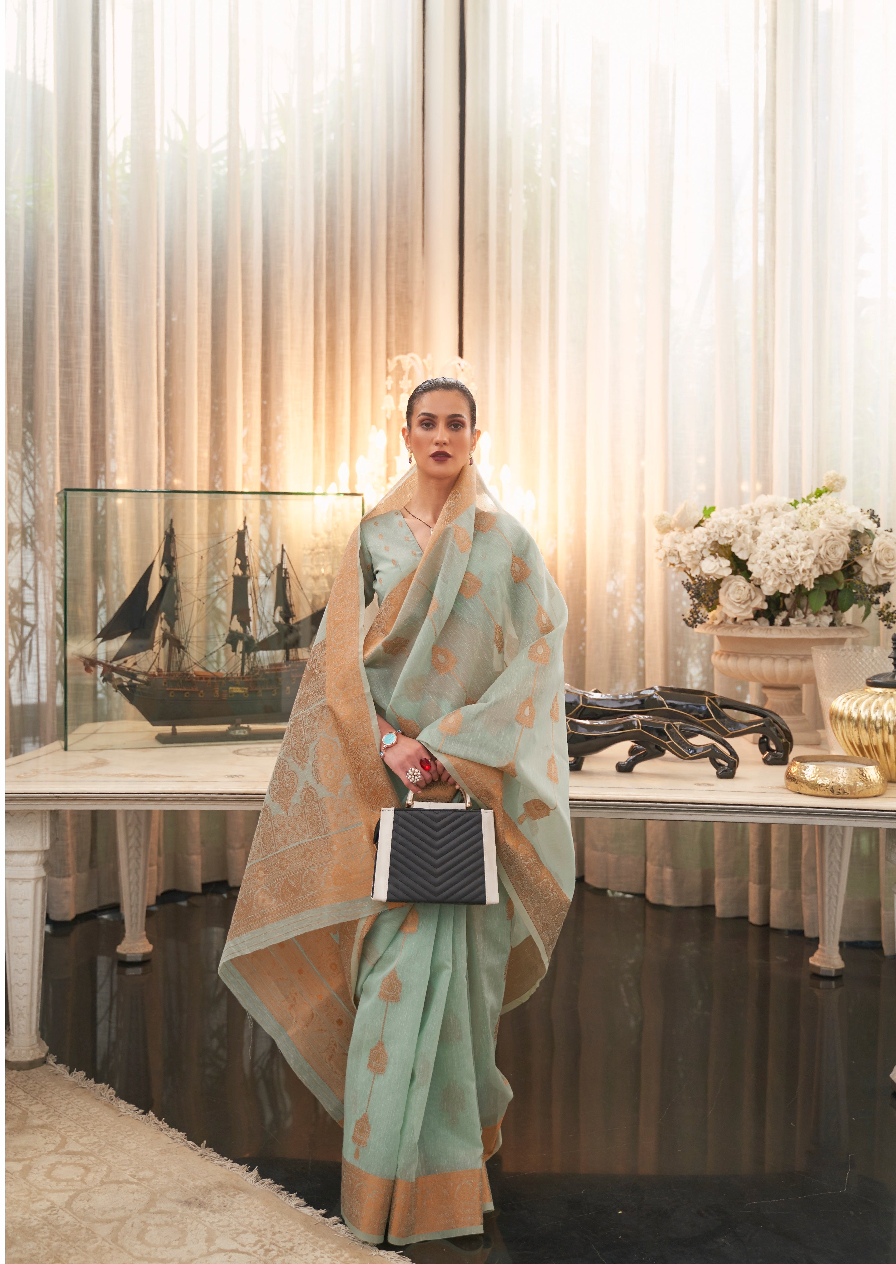 Designer Zari Weaving Yellow Color Banarasi linen Cotton Silk Saree With Heavy Blouse