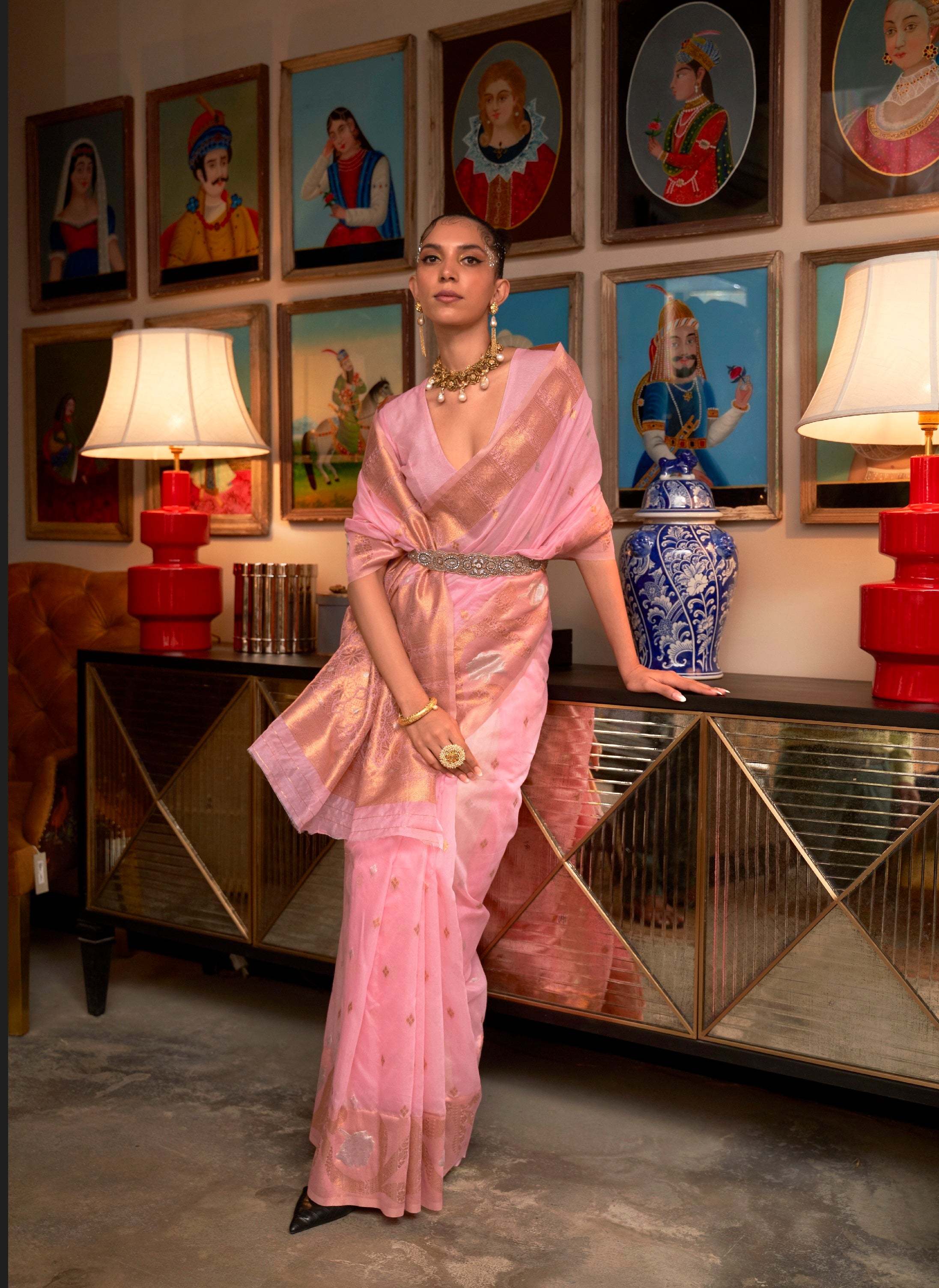 Designer Copper Zari Weaving Overall Butti Design Banarasi  Cotton Silk Saree With Heavy Blouse