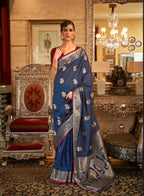 Designer Zari Weaving Wedding Wear Banarasi Butti Design Cotton Silk Saree With Heavy Blouse