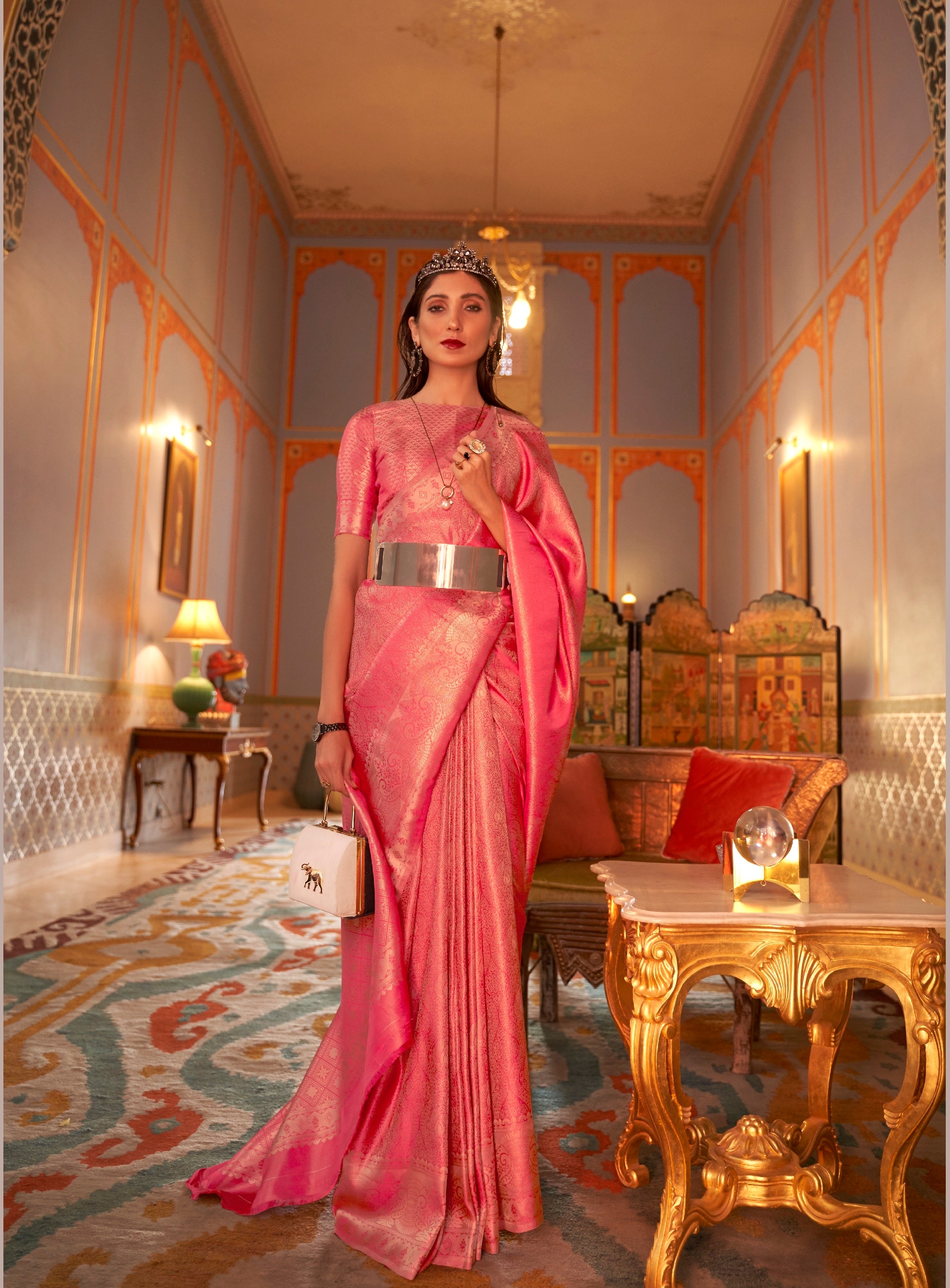 Kanchipuram Silk  Traditional Overall Flower Design Golden Zari Weaving Border Saree With Designer Pallu And Zari Weaving Blouse