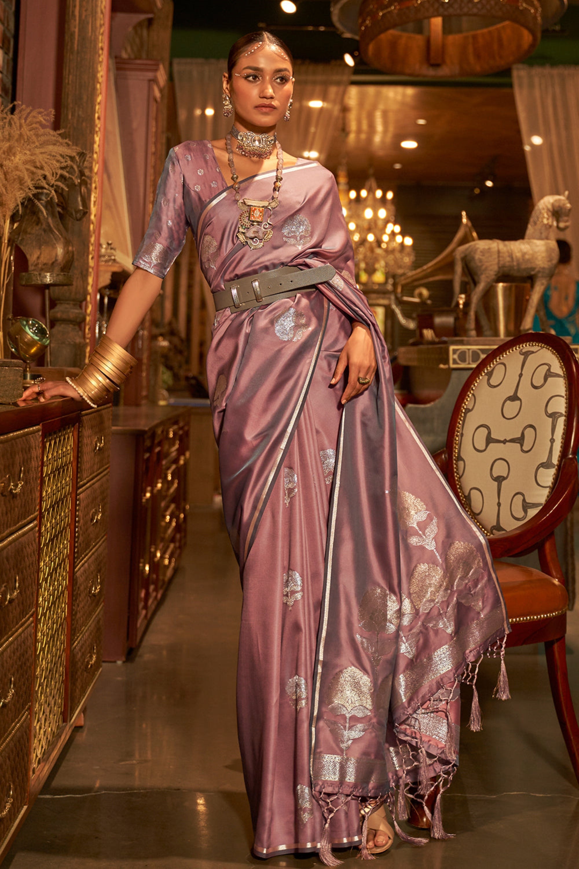 Designer Party Wear  Golden Zari Weaving Overall Butti Design Satin Silk Saree With Heavy Blouse