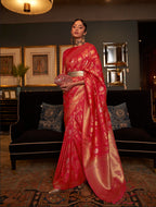 Designer Zari Weaving Floral Design Wedding Wear Banarasi  Silk Saree With Heavy Blouse