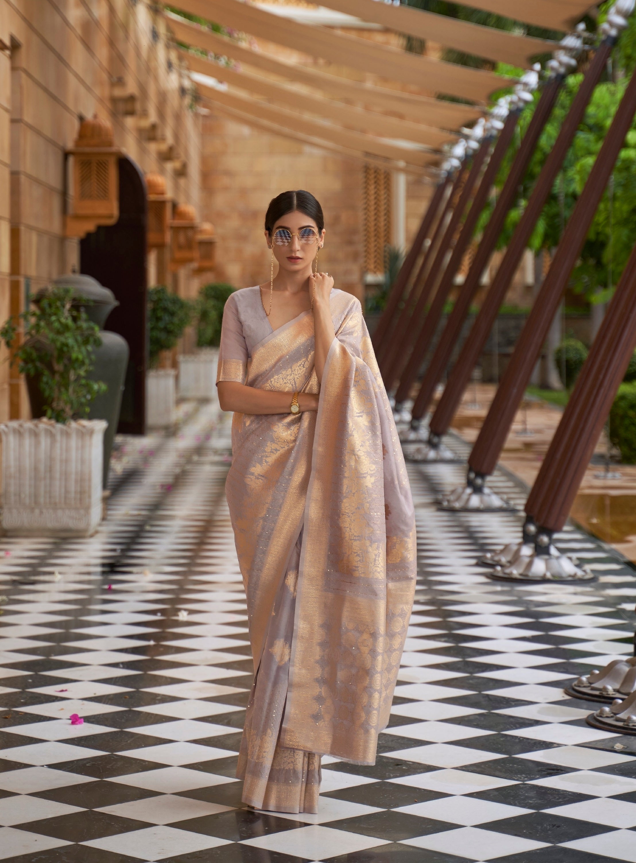Seaquense Work  Traditional  Copper Zari Weaving Border Silk Saree With Designer Pallu And Zari Weaving Blouse