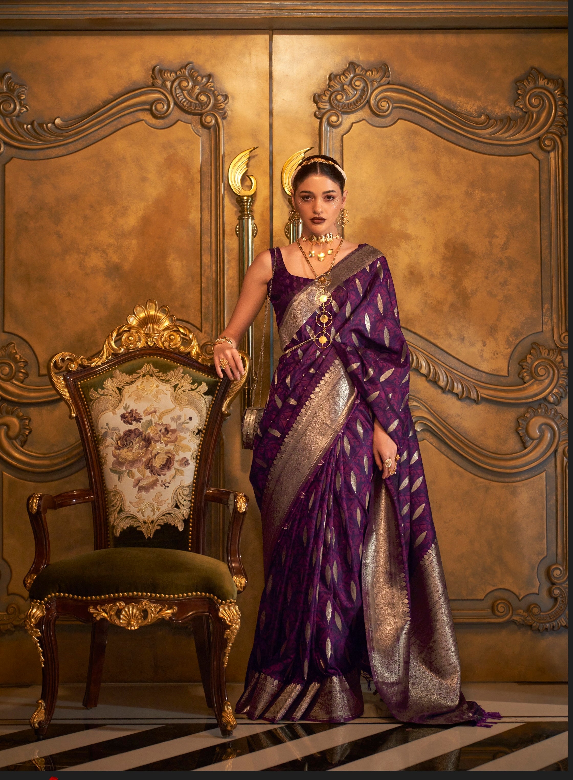 Designer Party Wear  Golden Zari Weaving Overall Butti Design Satin Silk Saree With Heavy Blouse