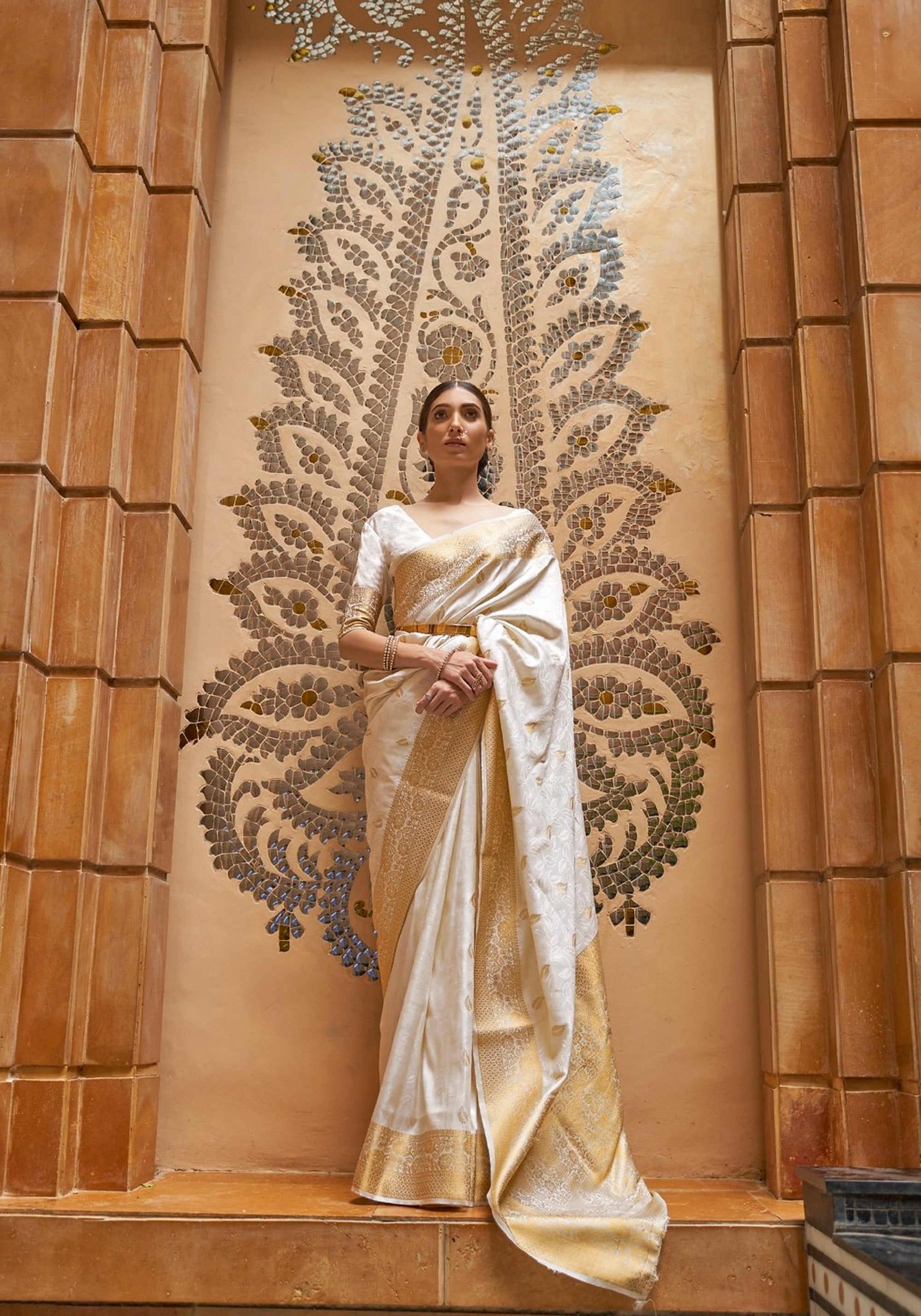 Designer Golden Zari Weaving Small Butti Zari Weaving Design Banarasi Silk Saree With Heavy Blouse