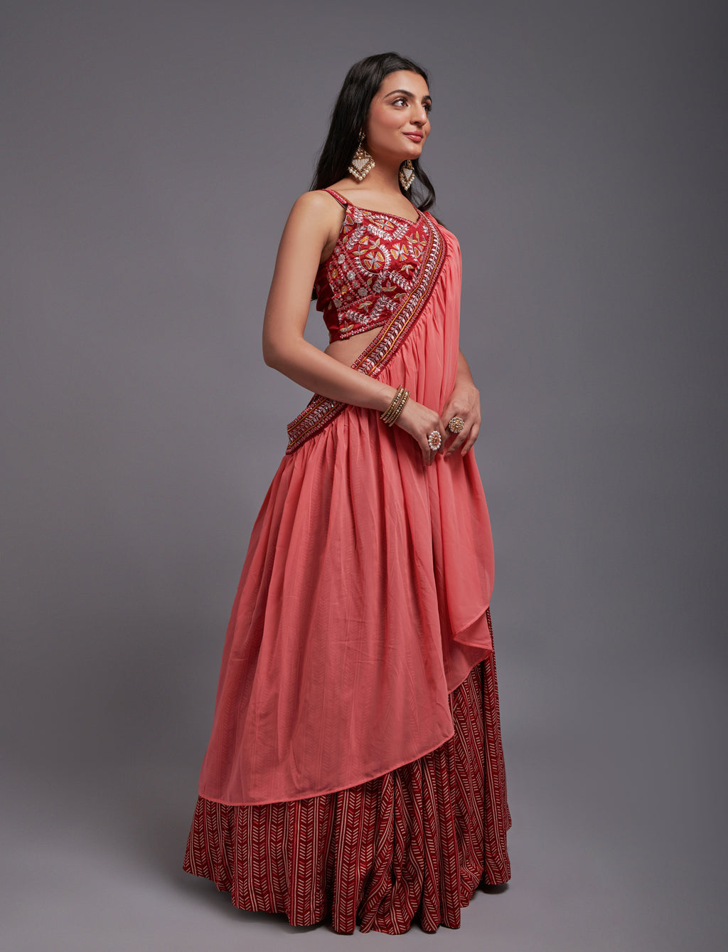 WOMEN'S RED GEORGETTE WITH SEQUINS AND THREAD EMBROIDERY WORK LEHENGA CHOLI