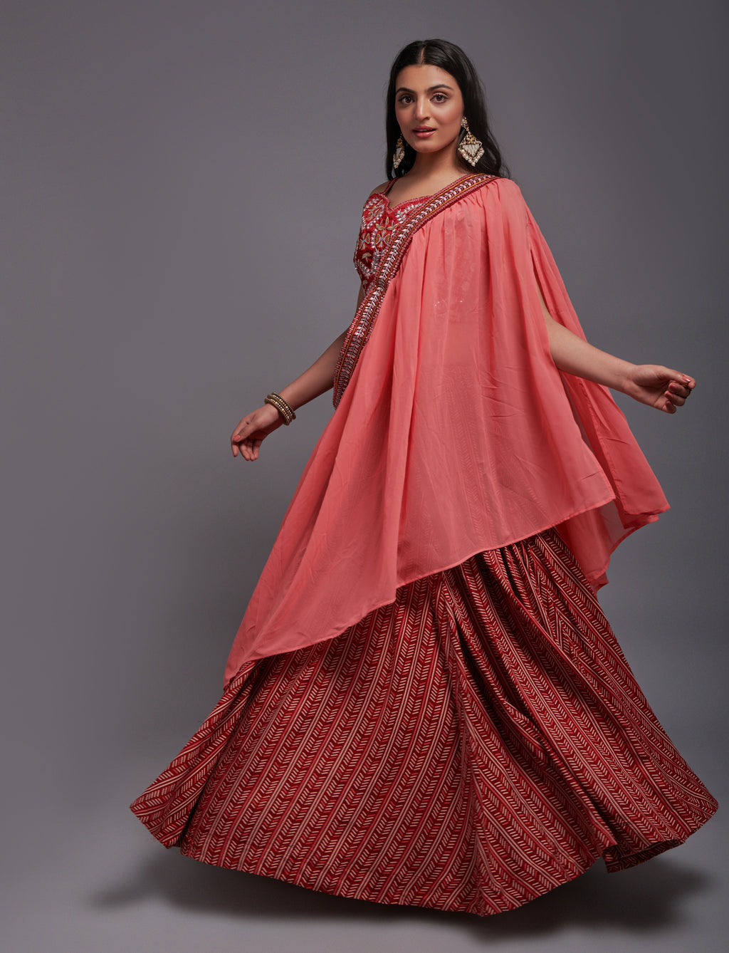 WOMEN'S RED GEORGETTE WITH SEQUINS AND THREAD EMBROIDERY WORK LEHENGA CHOLI