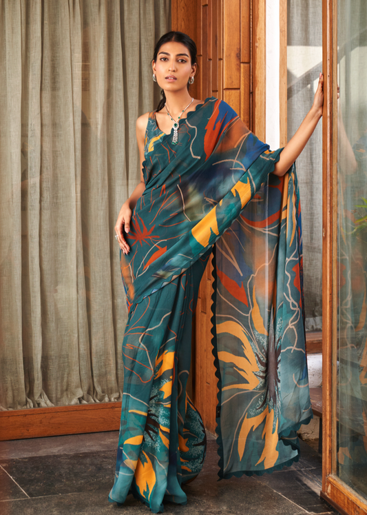 Vsaree Rama Bright Moss Printed Work And Contras Border Saree With Banglory Blouse And Rich Pallu