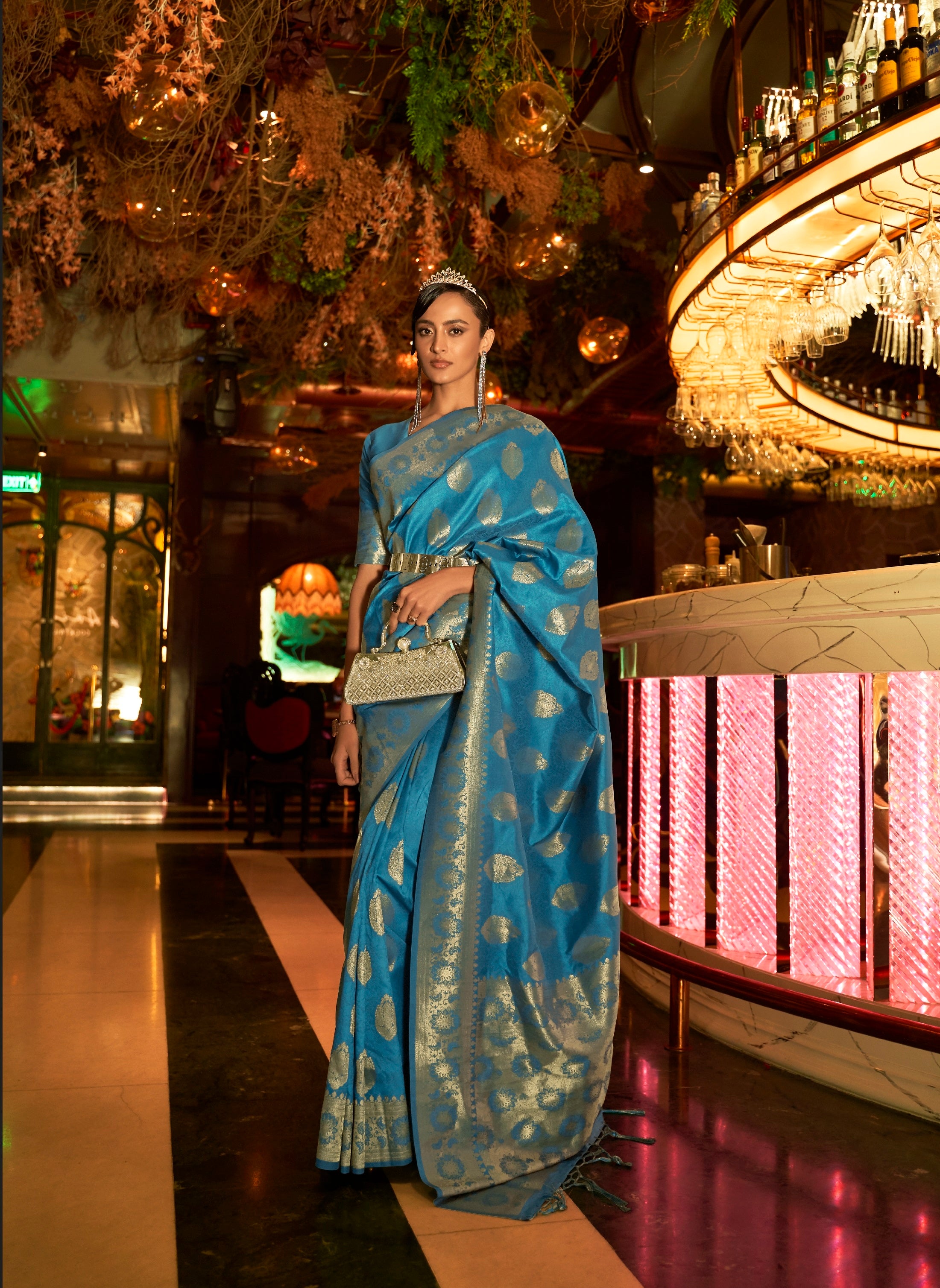 Designer Copper  Zari Weaving Butta Design  Banarasi Silk Saree With Heavy Blouse