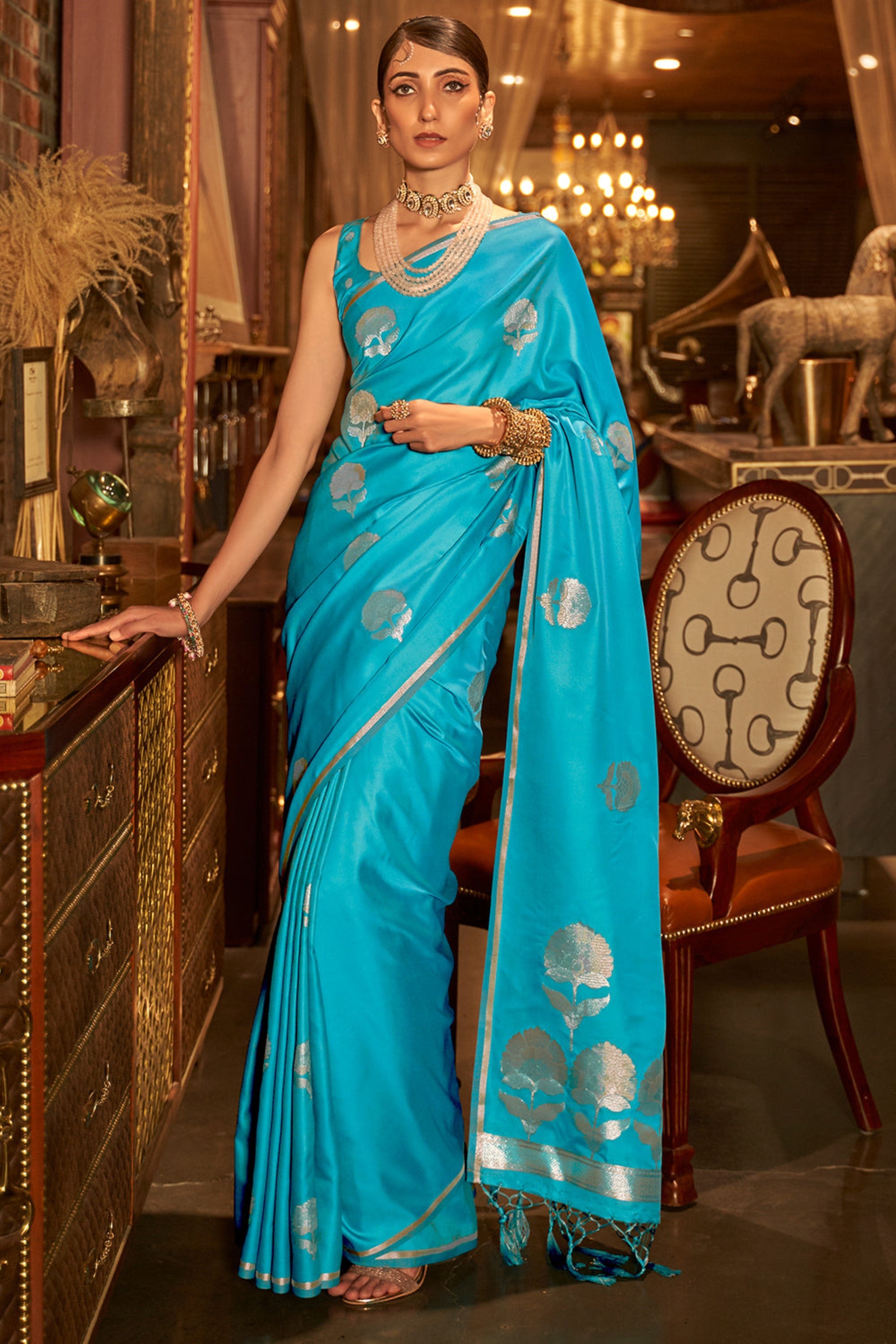 Designer Party Wear  Golden Zari Weaving Overall Butti Design Satin Silk Saree With Heavy Blouse
