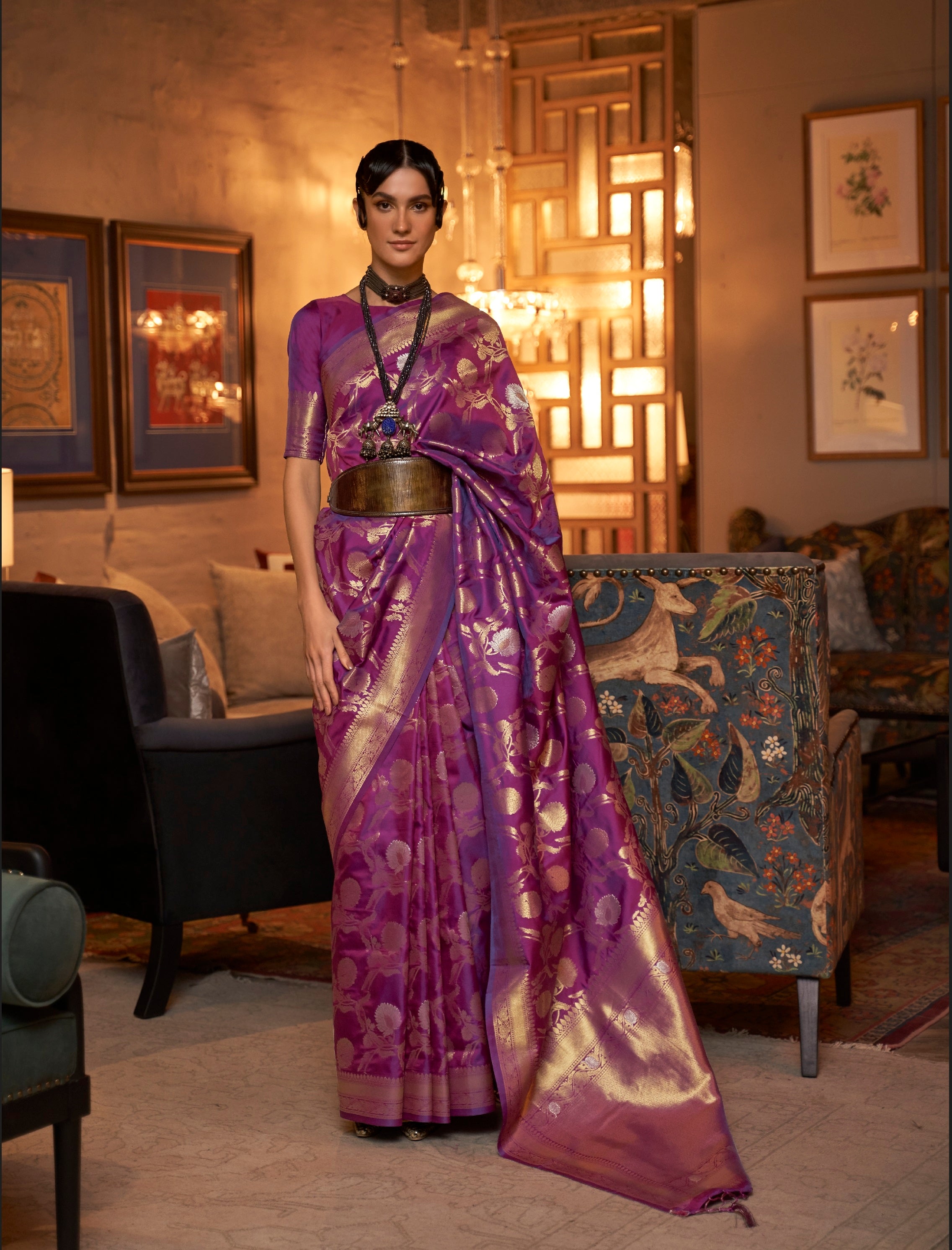 Designer Zari Weaving Floral Design Wedding Wear Banarasi  Silk Saree With Heavy Blouse