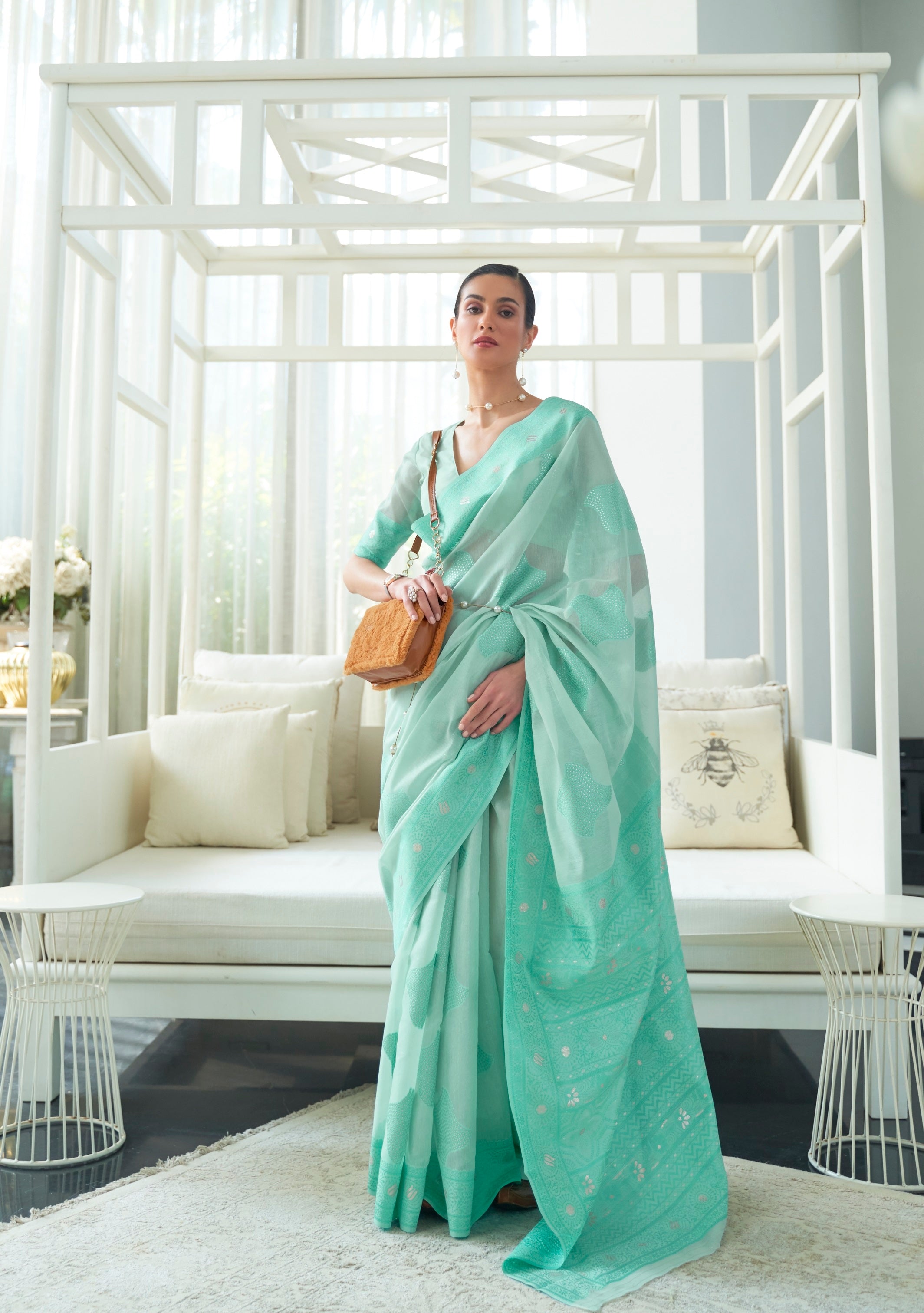 Designer Floral Chikankari Work Zari Weaving Lakhnowi  Cotton Silk Saree With Heavy Blouse