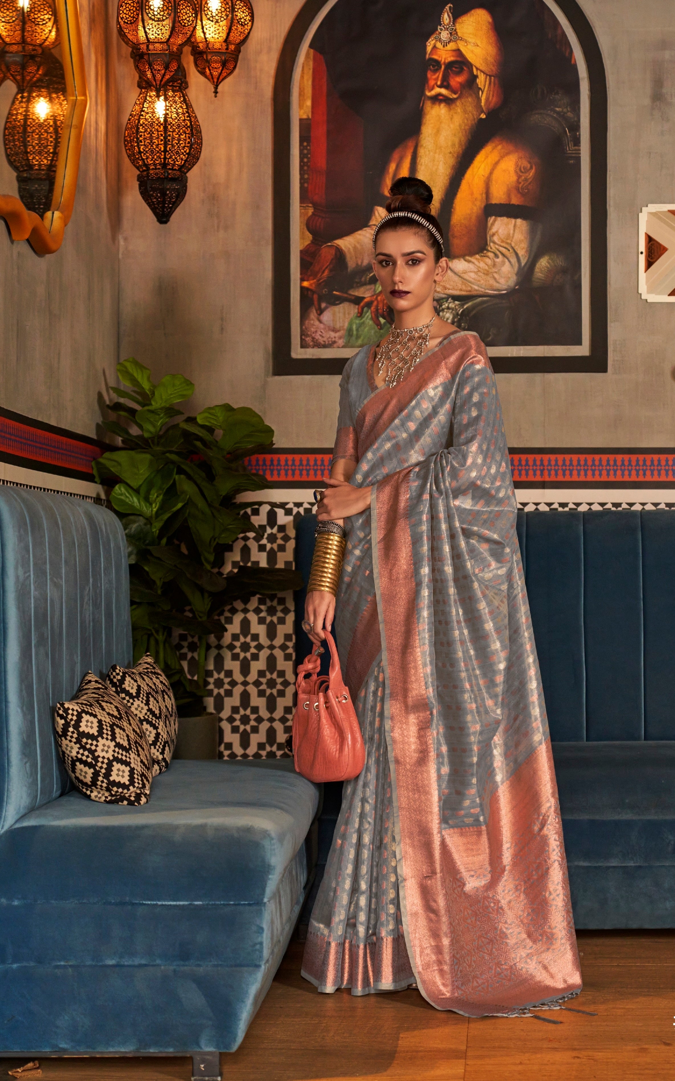 Designer Copper Zari Weaving Overall Butti Design Banarasi Cotton Silk Saree With Heavy Blouse